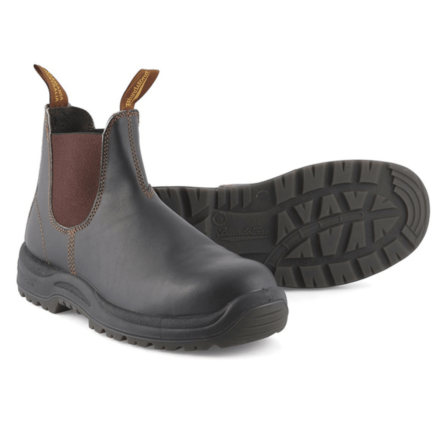 Comfortable steel toe dealer boots from Blundstone in Stout Brown leather.