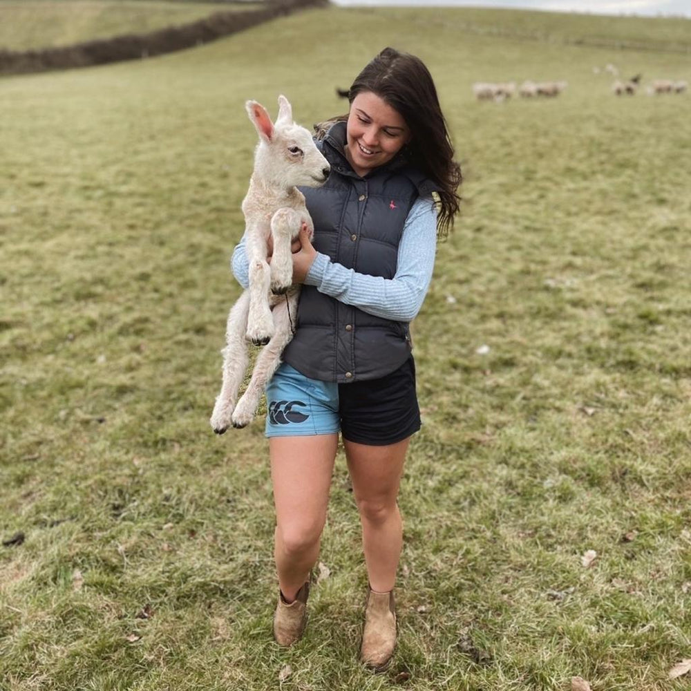 
                  
                    Lamb farmer wearing canterbury harlequin shorts and standing in a field
                  
                