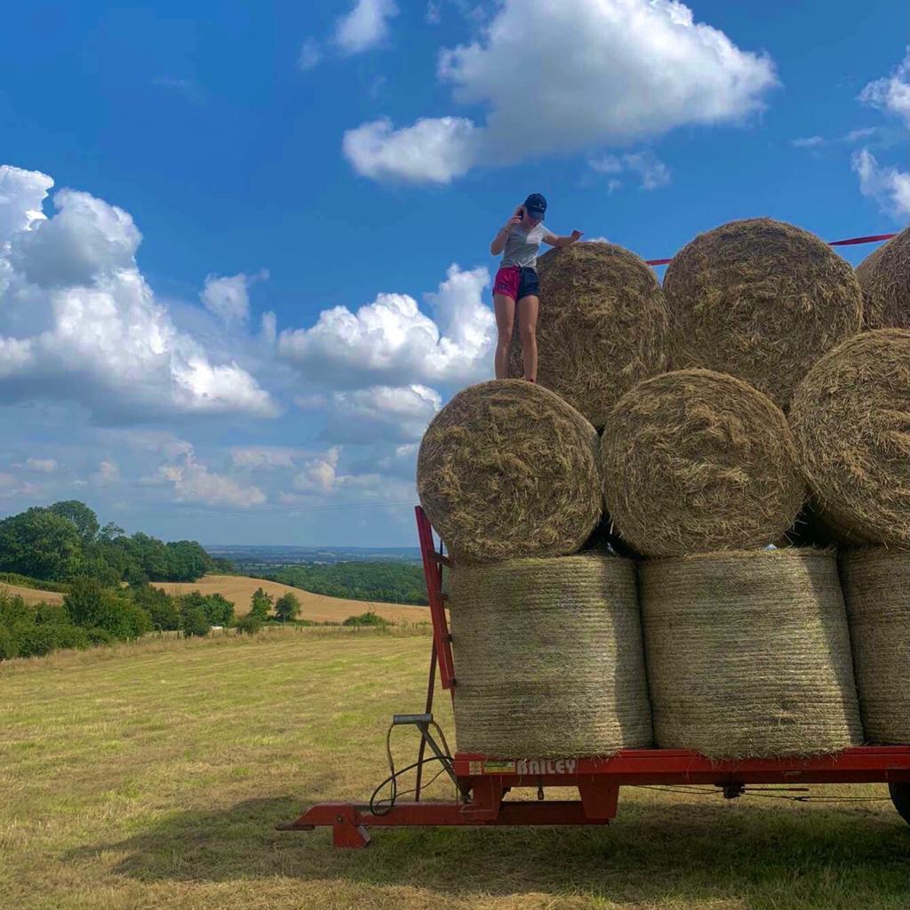 Woman wearing pink and navy Canterbury shorts and standing on top of massive hay bales