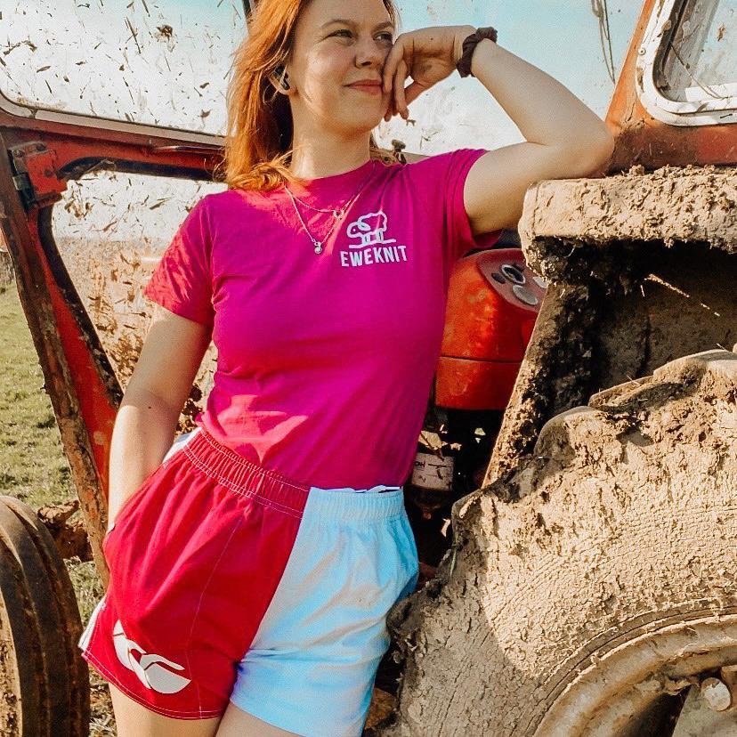 A woman wearing her Canterbury shorts to use as shearing clothing