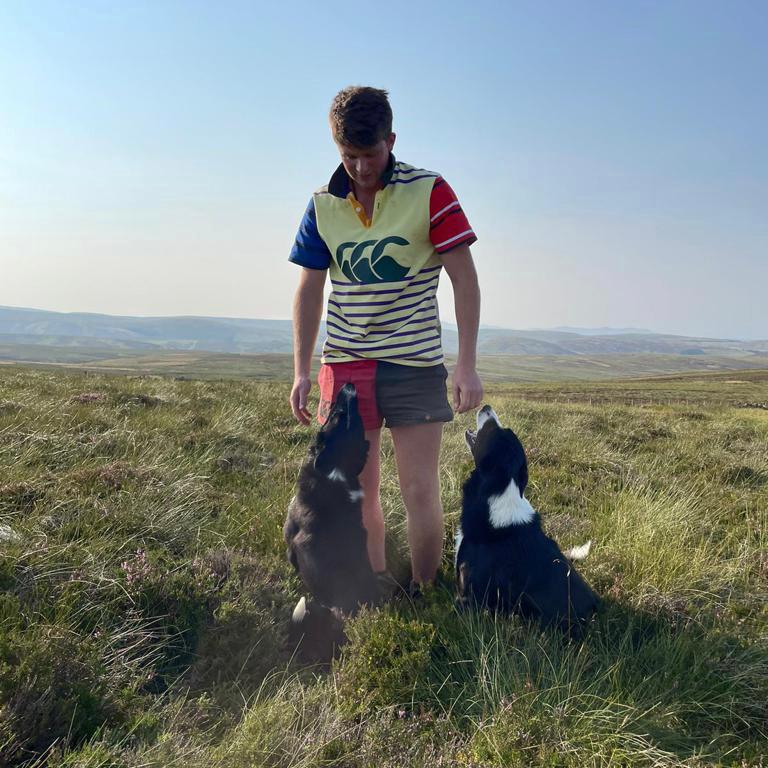 Man wearing Canterbury rugby clothing and petting two dogs
