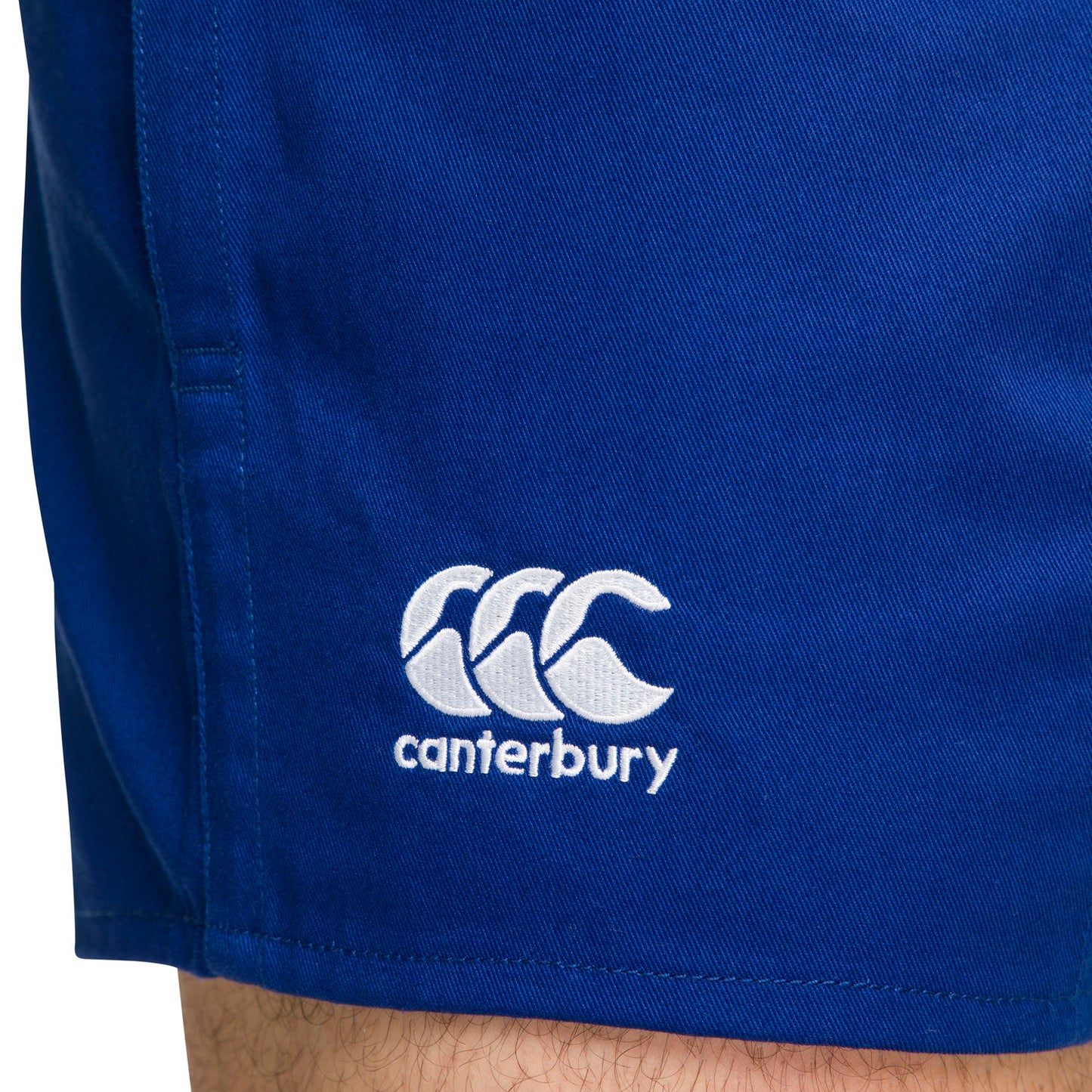 Closeup of the embroidered CCC shorts logo