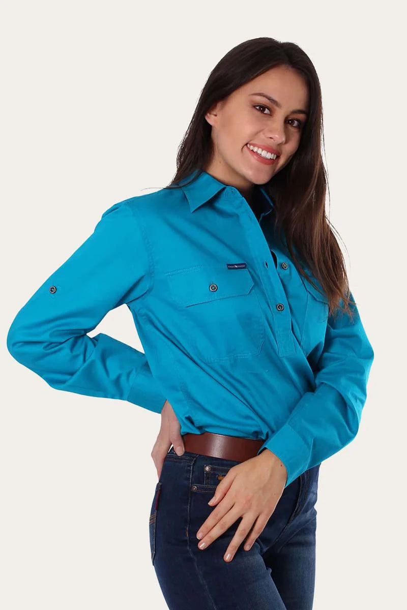 Ringers Western Womens Pentecost River Half Button Work Shirt Turquoise