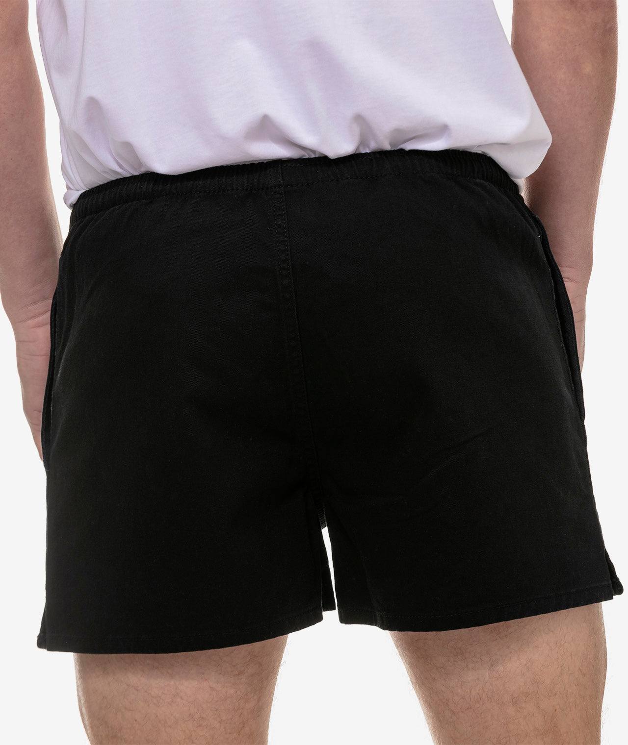 Rear view of cotton rugby shorts with pockets