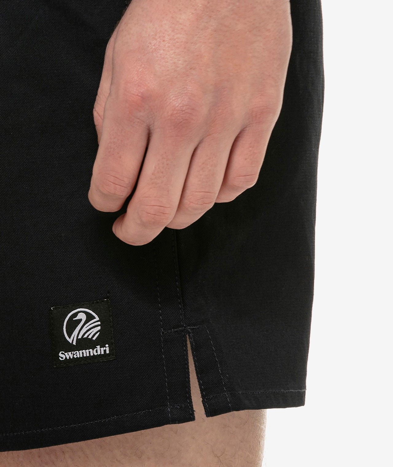 Closeup of swanndri clothes logo on the shorts