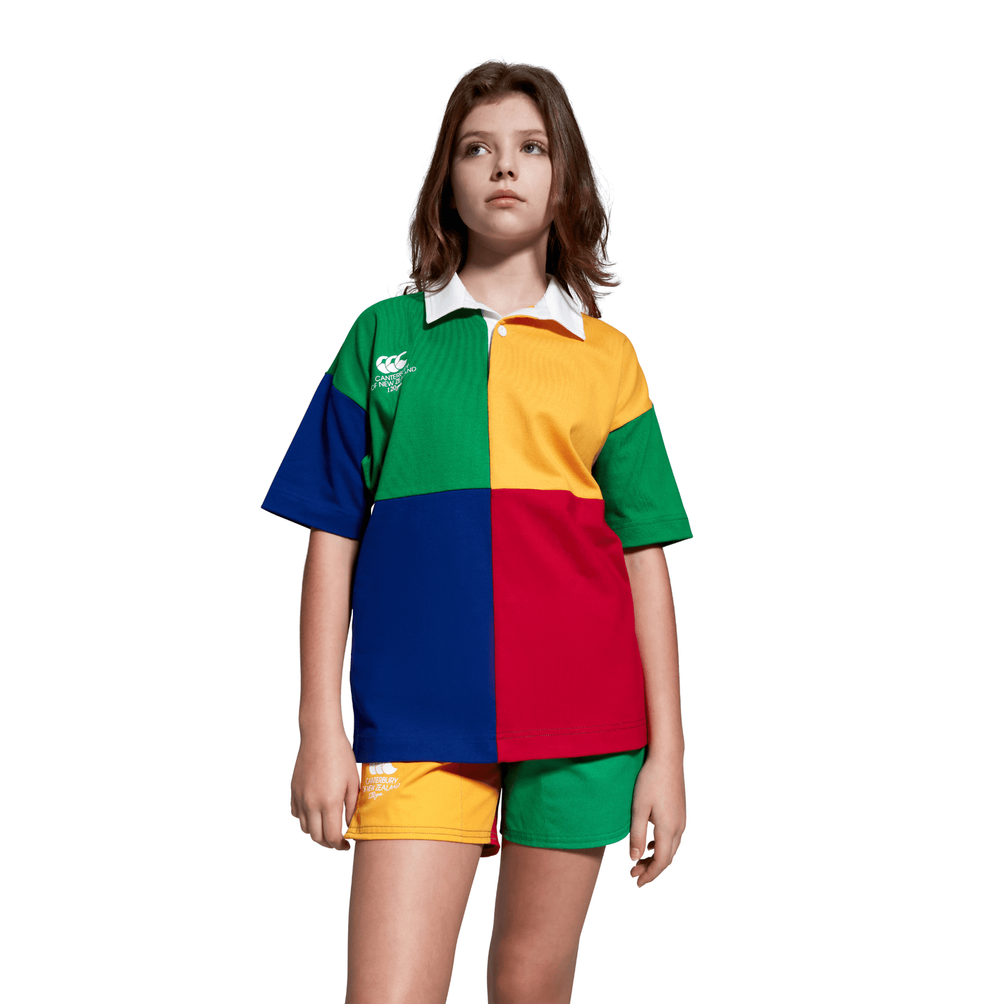Limited-Edition Four Coloured Kids Canterbury Rugby Jersey and Harlequin Shorts. A part of the new 120 Years of Canterbury clothing range.