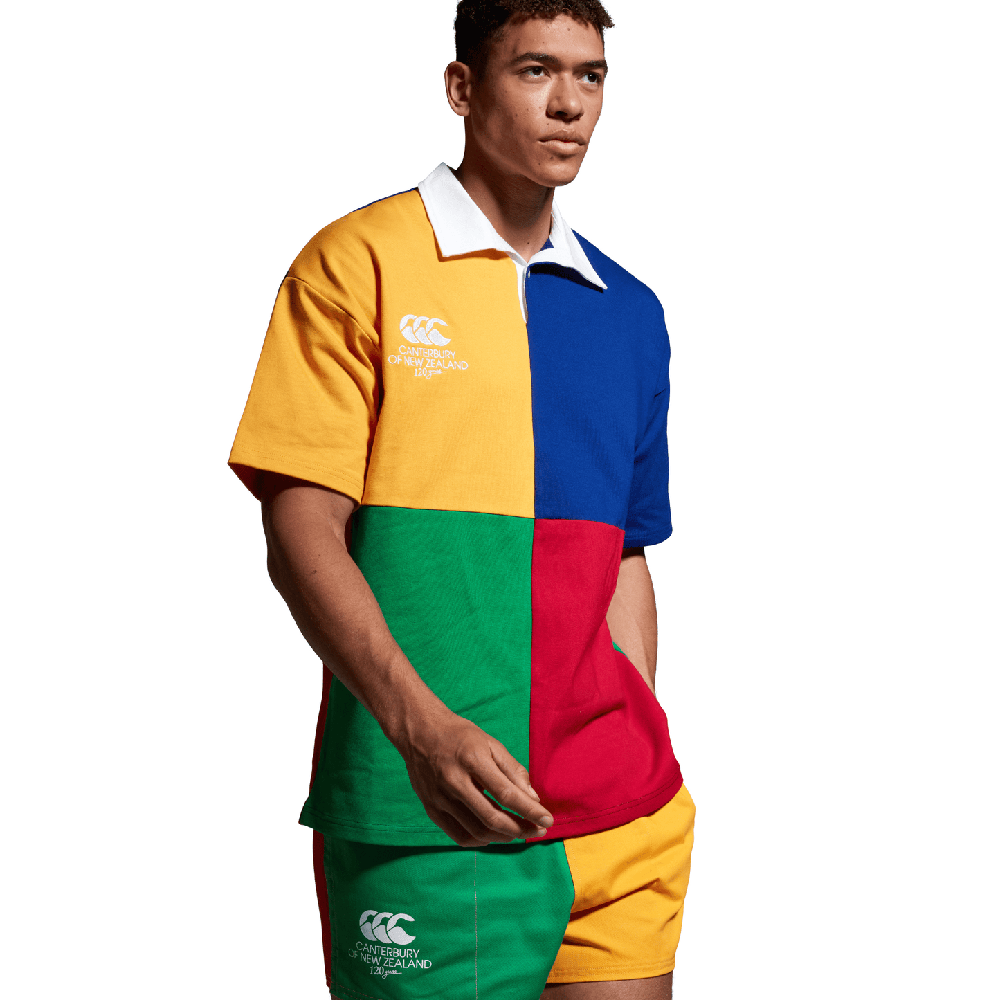 Limited-Edition Four Coloured Canterbury Rugby Jersey and Harlequin Shorts. A part of the new 120 Years of Canterbury clothing range.