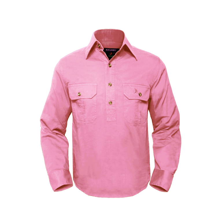 Brumby Australia half button shirt in pink. Popular farm wear and workwear shirts in Australia.