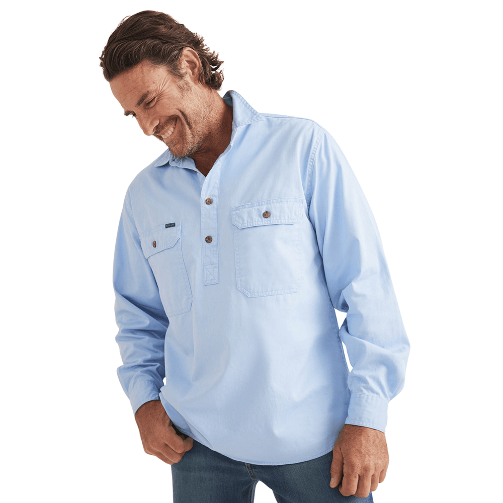 RB Sellars Men's Burton Half Button Australian Work Shirt - Pale Blue