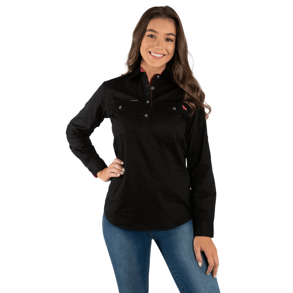 Ringers Western - Womens Pentecost River Half Button Work Shirt - Black / Melon