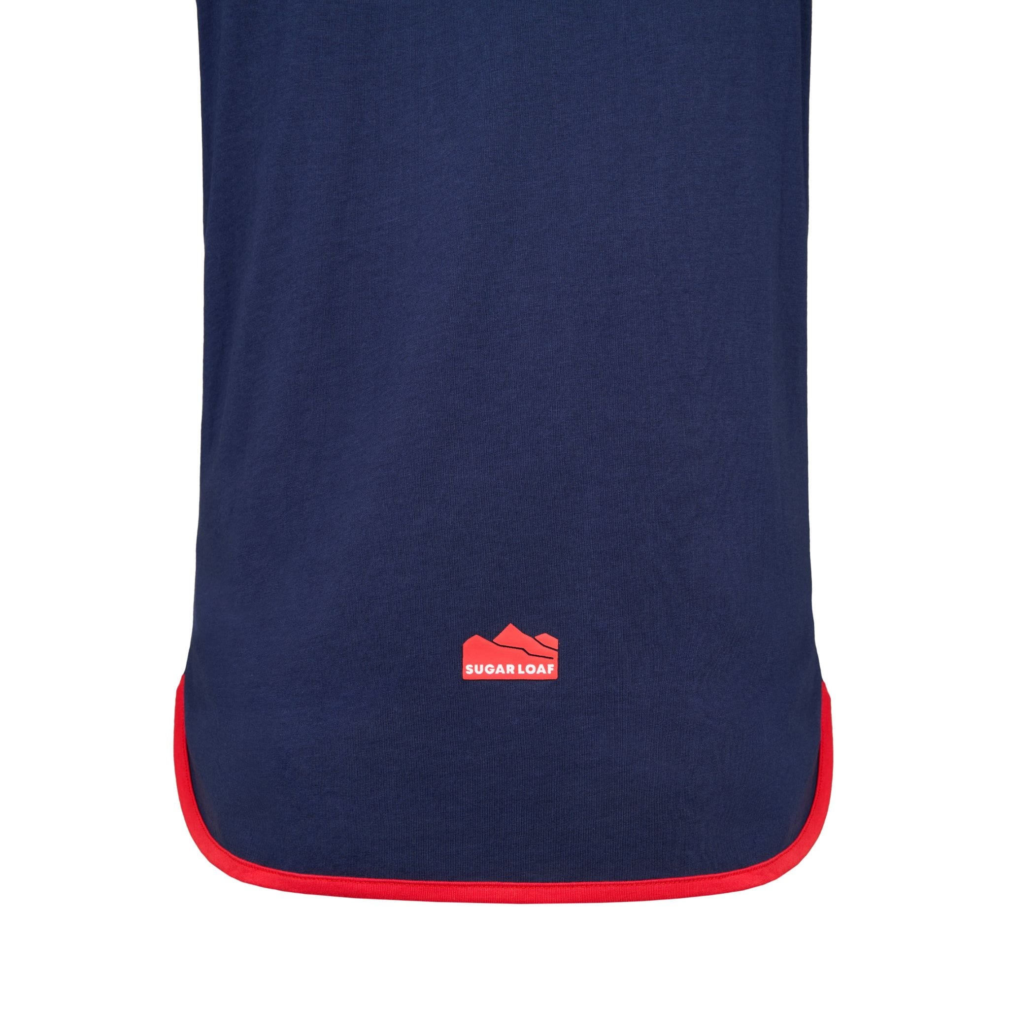 
                    
                      Long tail rear logo detail on Sugar Loaf Kids Shearing Singlet in Navy and Red.
                    
                  