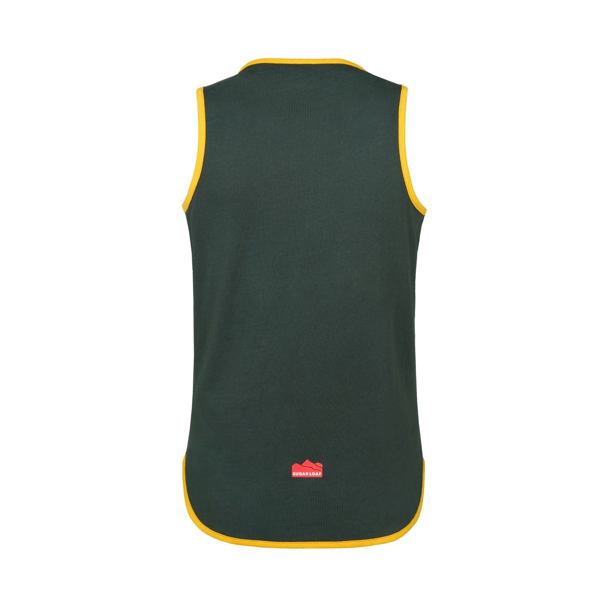 Back view of Sugar Loaf Kids Long Tail Shearing Singlet in Green and Gold.
