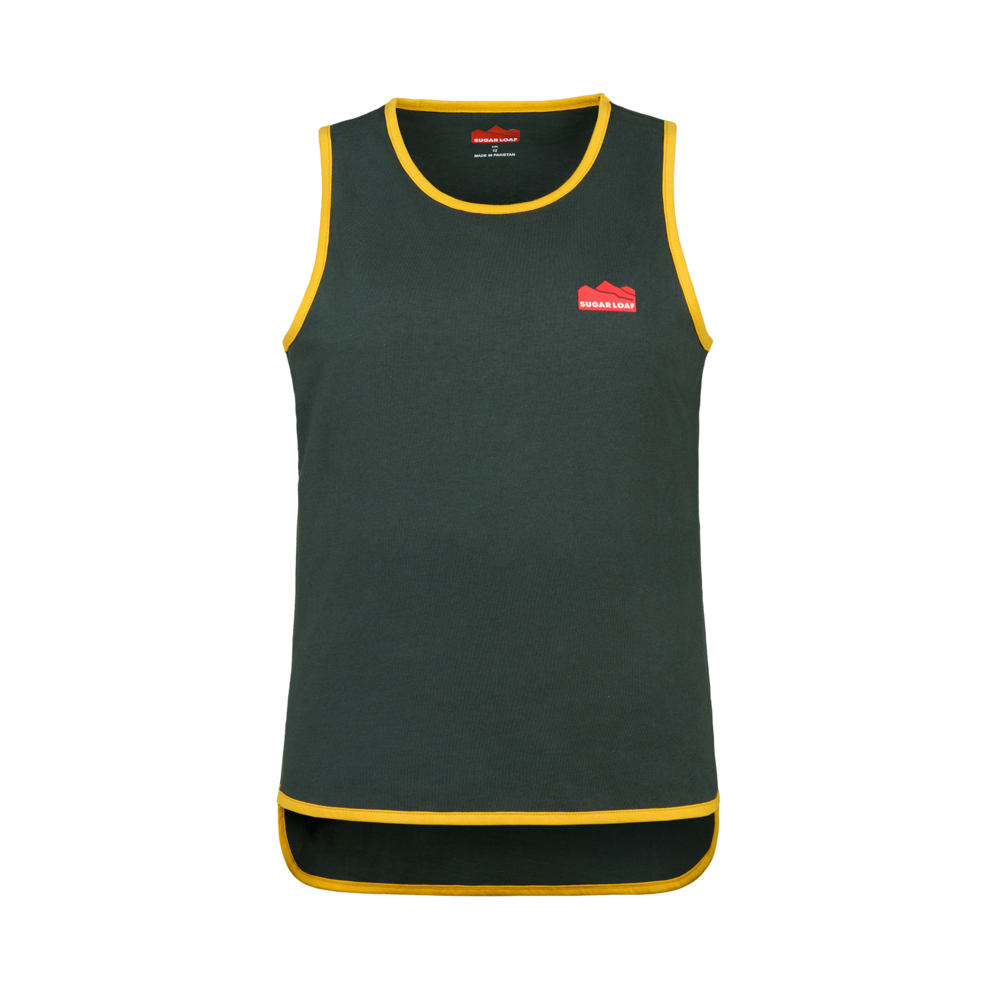 Sugar Loaf Kids Long Tail Shearing Singlet in Green and Gold front view.