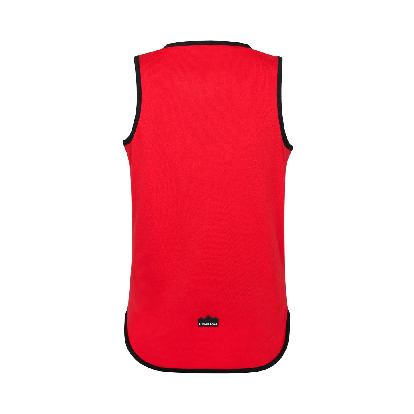 Back view of Sugar Loaf Kids Rascal Shearing Singlet in Red and Black with long tail fit.