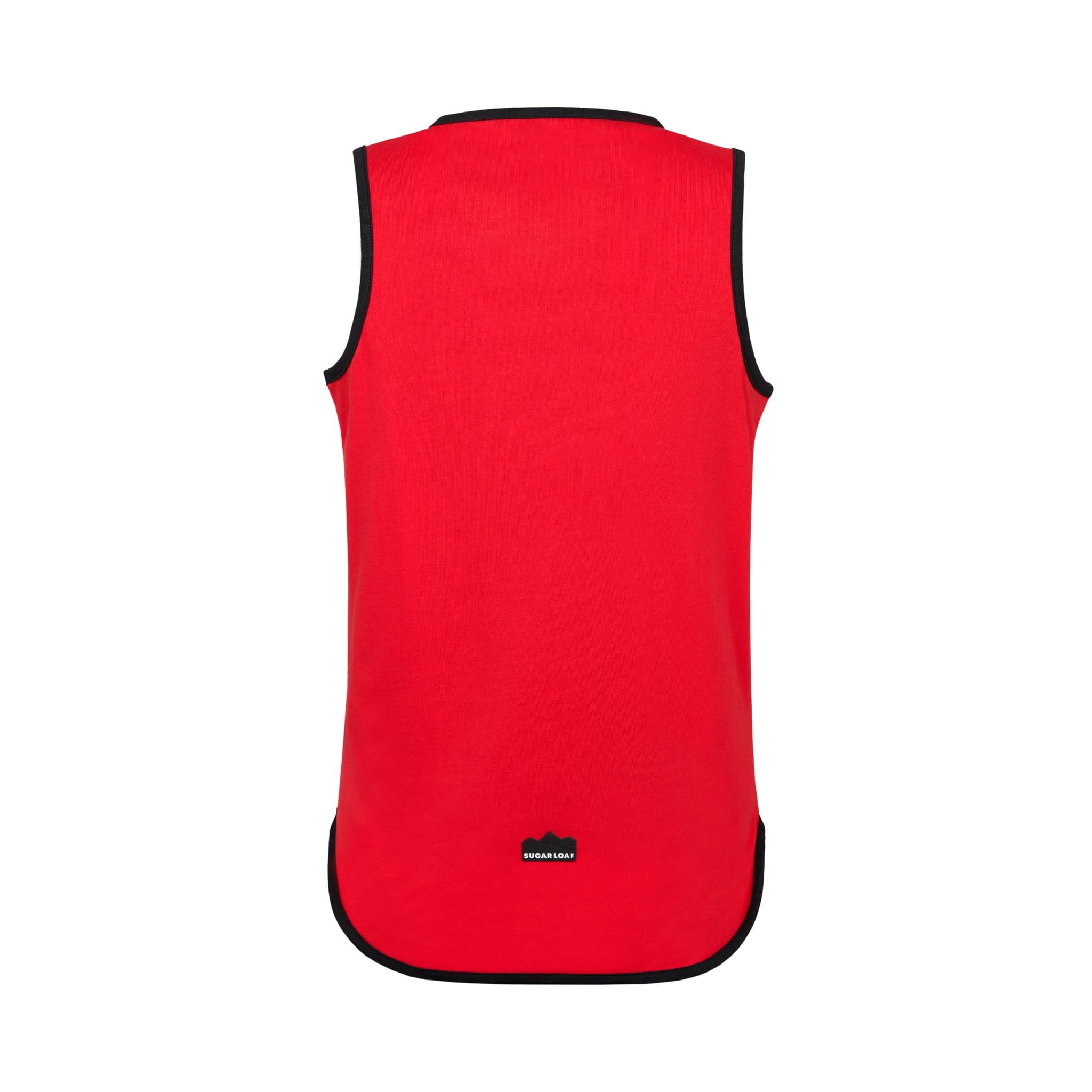 Back view of Sugar Loaf Kids Rascal Shearing Singlet in Red and Black with long tail fit.