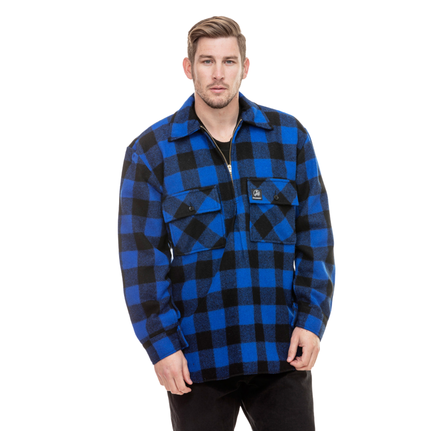 Swanndri Ranger Bush Shirt in Blue Black. Checkered farmers fleece jacket made from 100% New Zealand wool.