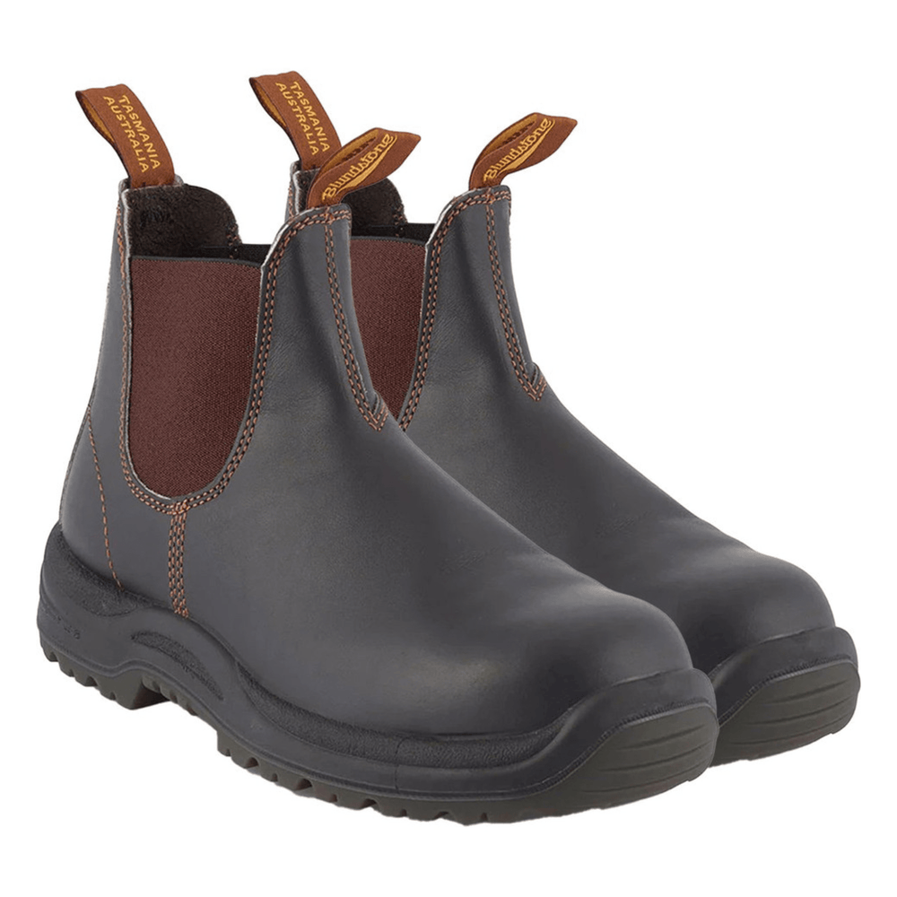 
                  
                    Blundstone boots with steel cap in stout brown - durable safety boots.
                  
                