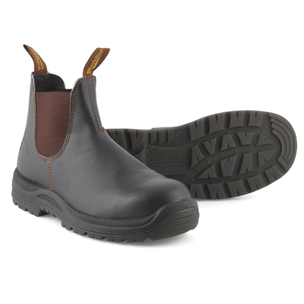 
                  
                    Comfortable steel toe dealer boots from Blundstone in Stout Brown leather.
                  
                
