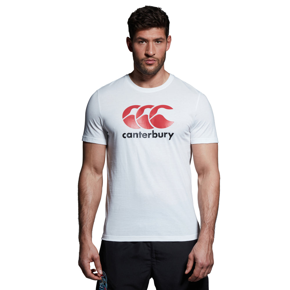 
                  
                    Model in white Canterbury sportswear with relaxed fit
                  
                