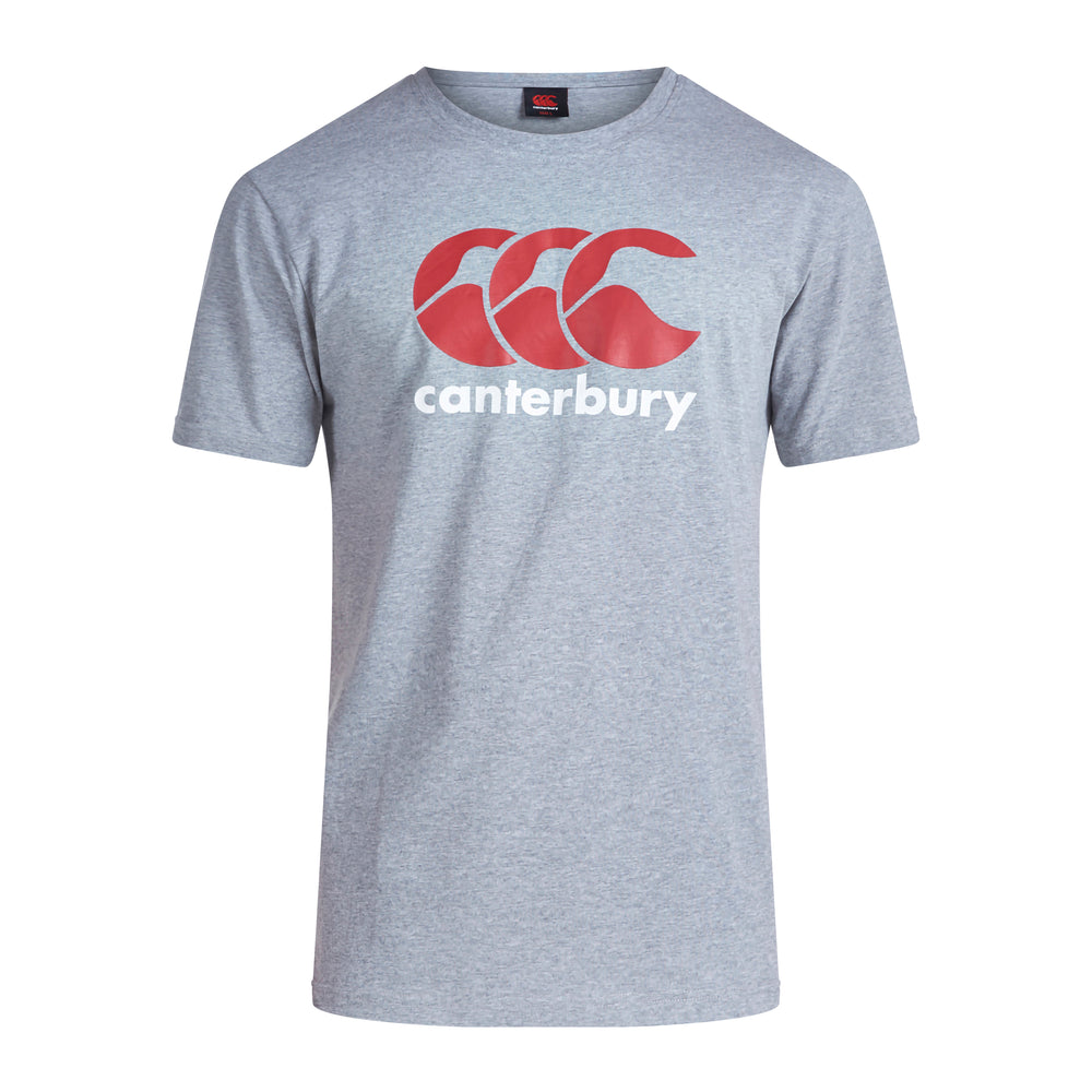 Front view of grey Canterbury rugby clothing with red and white logo