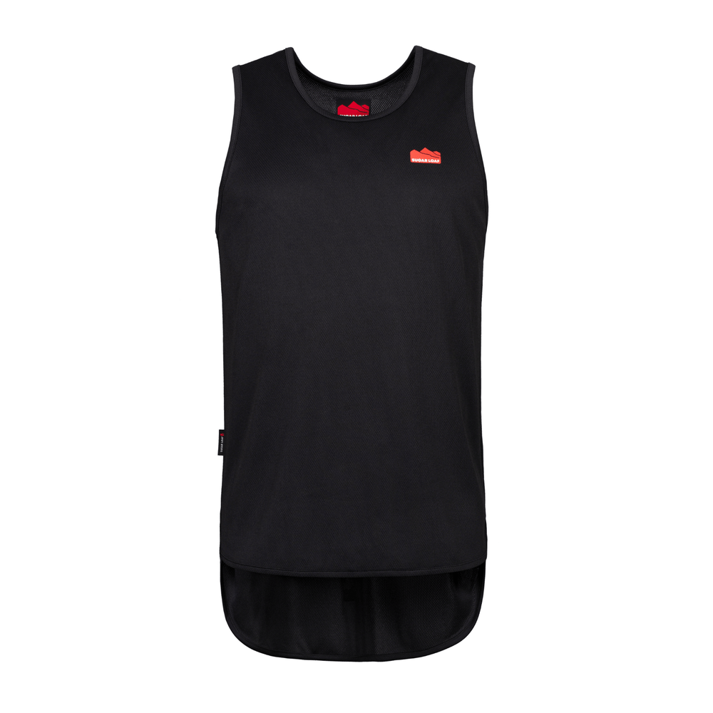 Sugar Loaf black performance shearing vest singlet with a small red logo on the chest and a longer hem at the back.