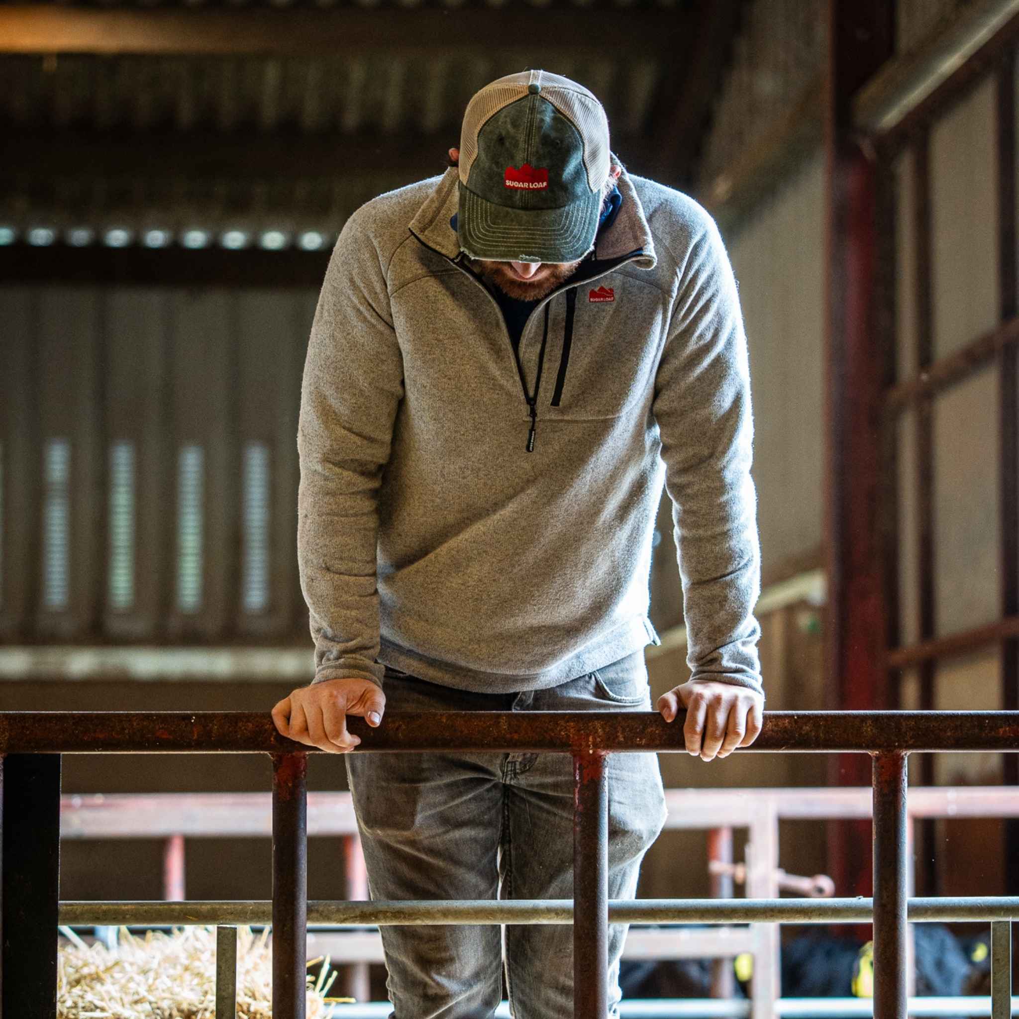 
                    
                      Male farmer in Sugar Loaf Fell Half Zip Fleece ash, durable agricultural clothing.
                    
                  