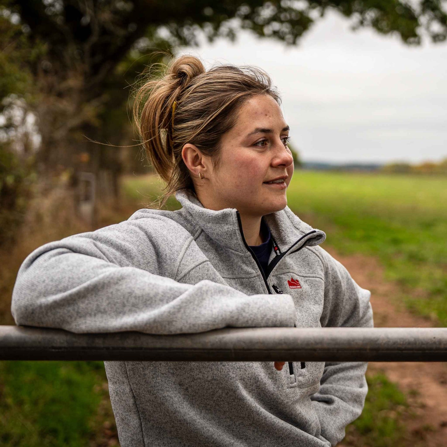 Lifestyle shot of Sugar Loaf Fell Half Zip Fleece ash, versatile farming fleece for country work.