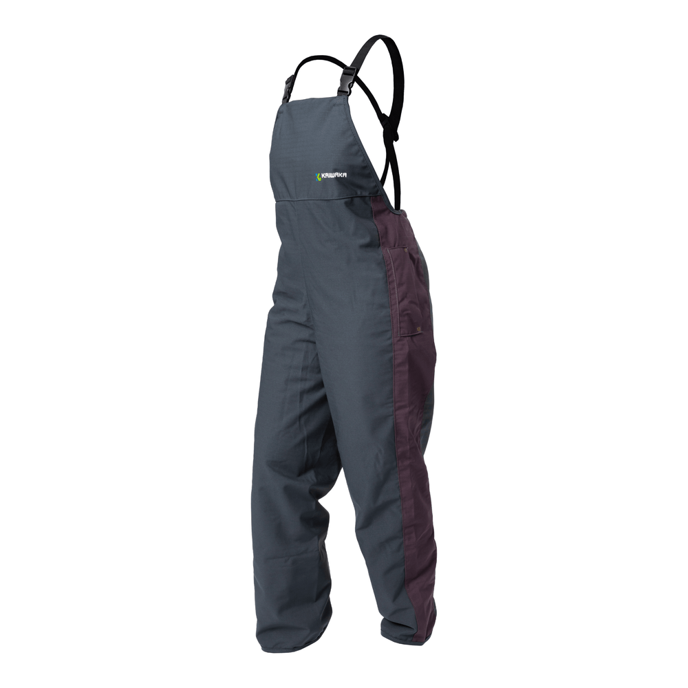 Side profile of waterproof bib and brace for farming, tailored women’s fit from Kaiwaka clothing.