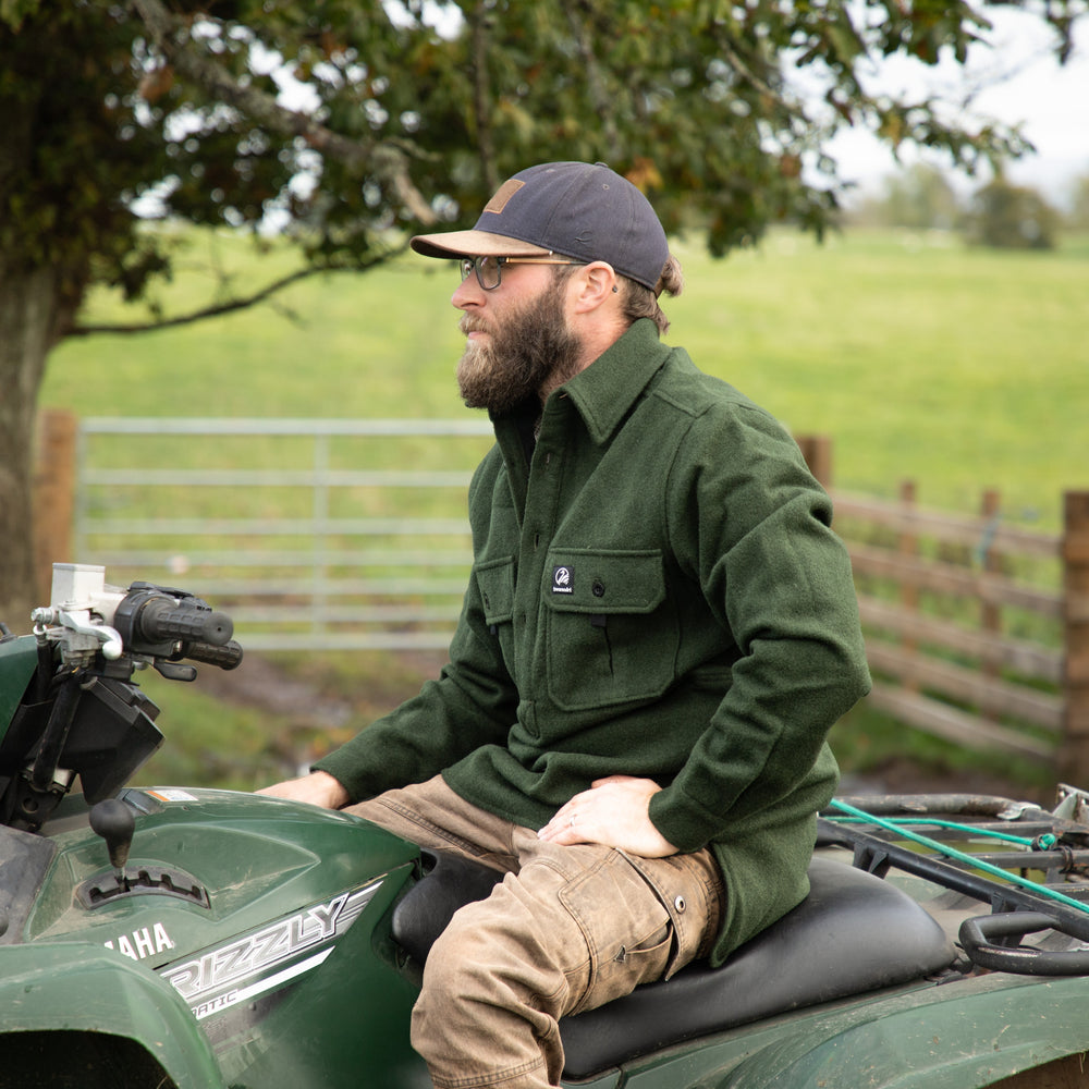 
                  
                    Model wearing shirts for farmers and riding on a quad bike
                  
                