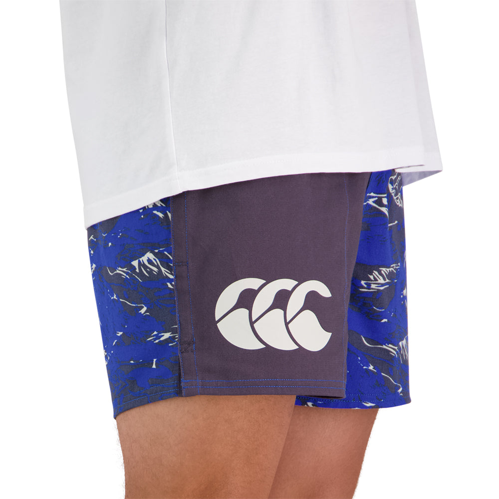 Closeup of the Canterbury harlequin shorts CCC logo