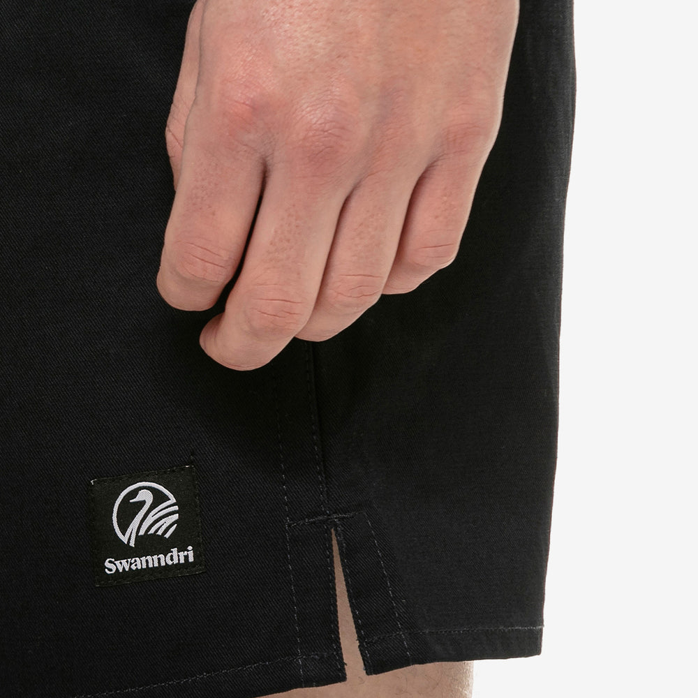 
                  
                    Closeup of swanndri clothes logo on the shorts
                  
                