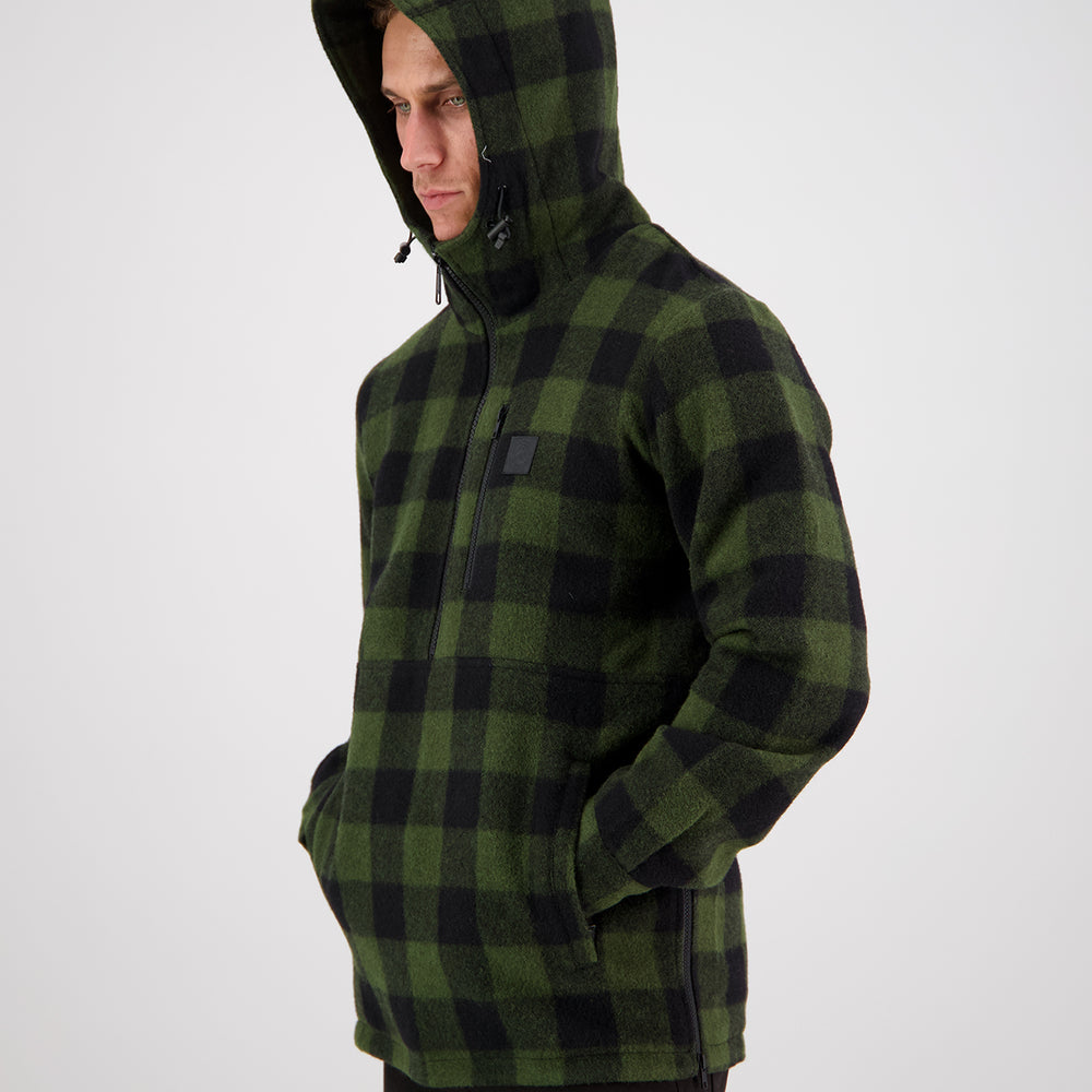 
                  
                    Swanndri clothing with the hoodie up and worn by a man
                  
                